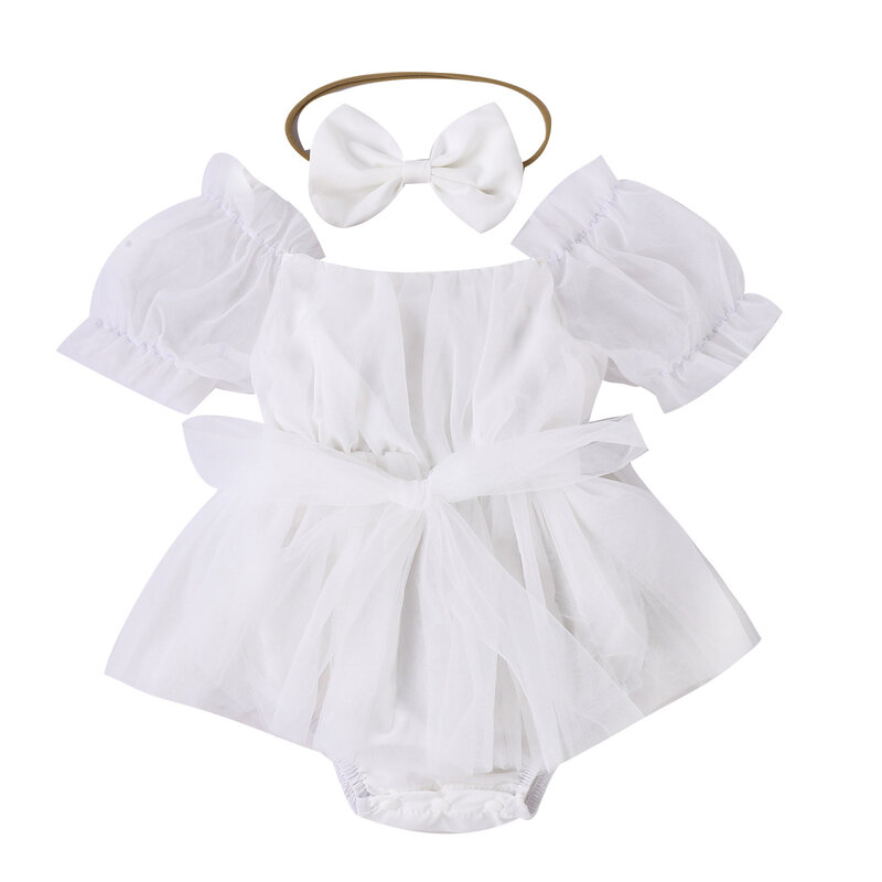 Baby Mädchen Stram pler Kleid Kleinkind Mädchen Sommerkleid ung Set Baby Baby Outfits Mesh Spitze Overall Bogen Haarband Kleidung