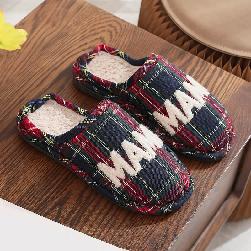 Plaid Cotton Slippers Women's Home Warm Comfort Slides Winter New Flat Non Slip Bedroom Unisex Casual Wool Slippers New