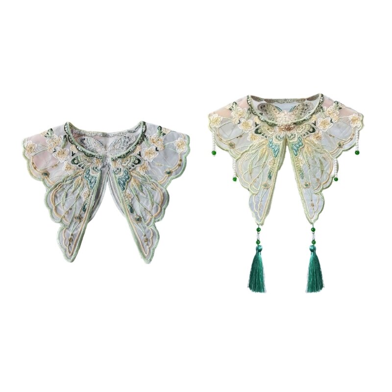 Embroidery Butterfly False Collar Pearl Tassels Vintage Yunjian Shawl for Girls 28TF