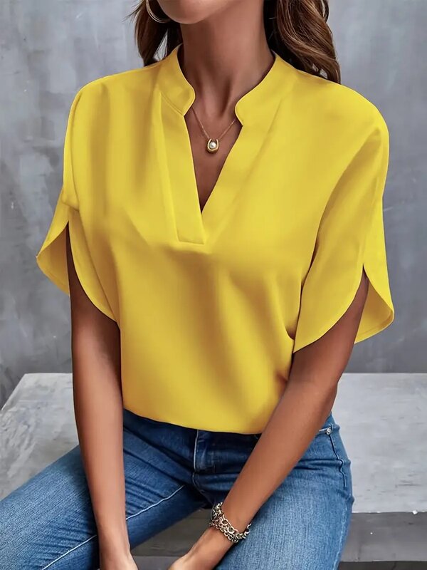 Women Elegant Solid Chiffon Blouse Spring Summer Casual Long Sleeve V Neck Loose Shirt Office Lady Tunics Oversized Tops 2024