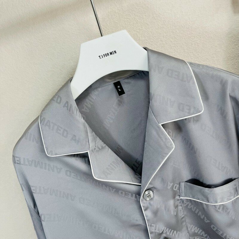 Rayon ubrania domowe Grey 2Pcs Loungewear dla mężczyzn luźna koszula i spodnie z długim rękawem żakardowa bielizna nocna letnia nowa piżama garnitur