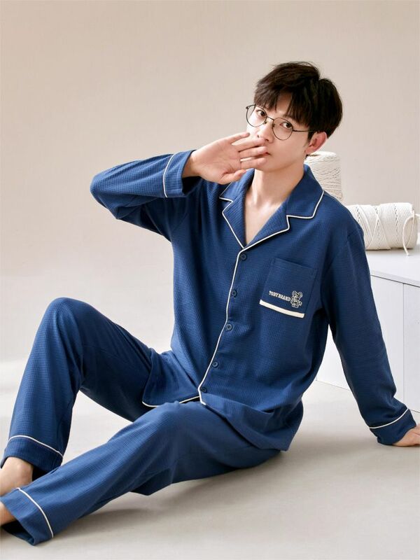 Pijama de algodão emparelhado para casal, roupa de dormir masculina, conjunto lounge quente, roupa para casa coreana Qut, cetim masculino, plus size, novo para dormir