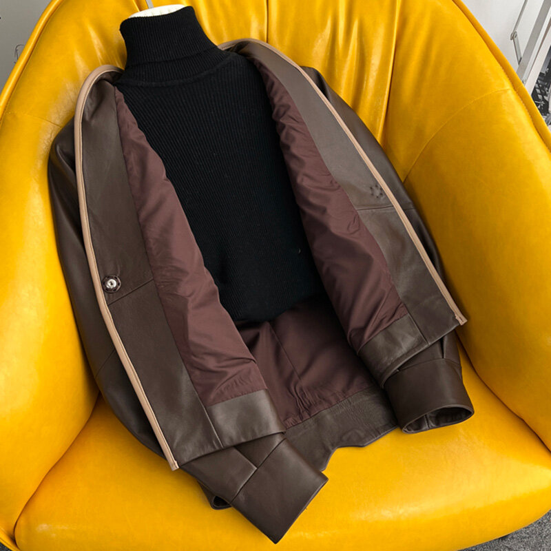 Women's Genuine Leather Jackets V-Neck Solid Windproof Short Coats Fashion Streetwear Elegant 2022 New Autumn Winter AEL4935