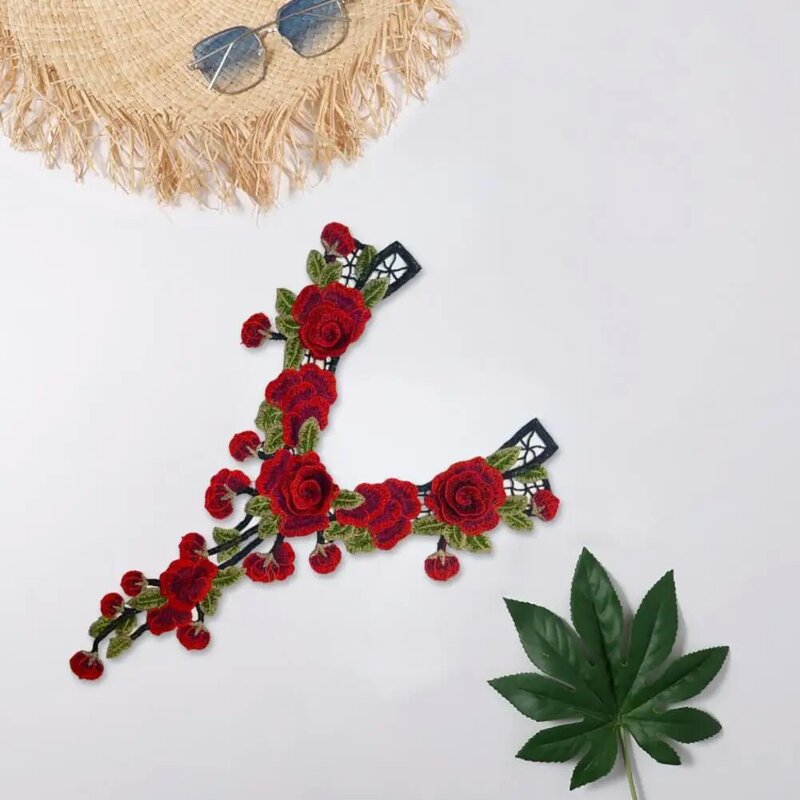 Apliques de cuello ahuecados en forma de V, apliques de hojas de flores bordadas lavables DIY, Parche de ajuste, accesorios de ropa