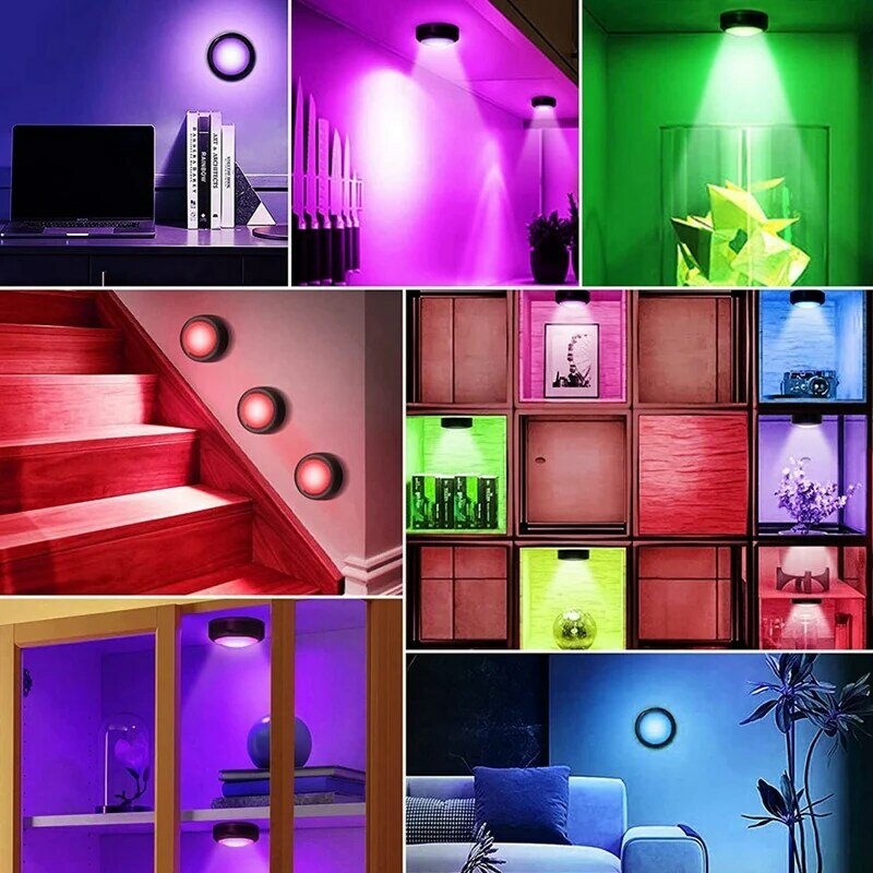 Luces de disco LED RGB con control remoto para debajo del gabinete, luces de disco inalámbricas con batería para armario, dormitorio, 16 colores