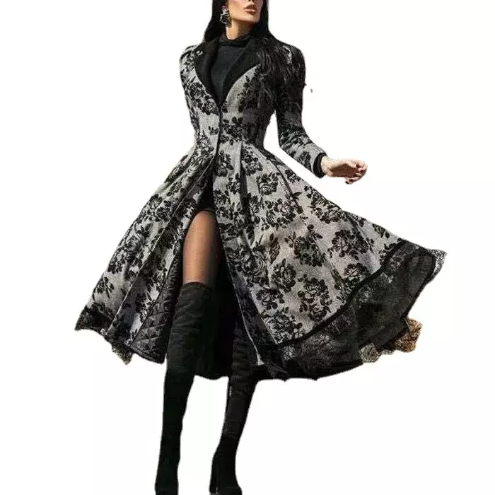 Jaqueta de costura de renda feminina, saia longa, casaco fino, elegante, outono, inverno, 2024