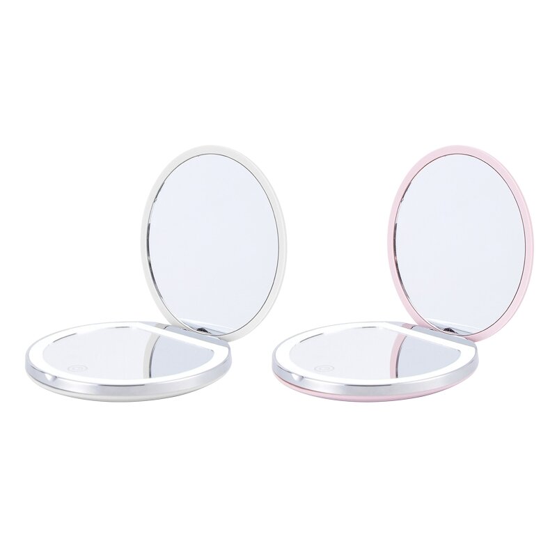 Mini espelho de maquiagem portátil, bolso compacto, recarregável, dobramento de 2 lados, luz LED, cosméticos