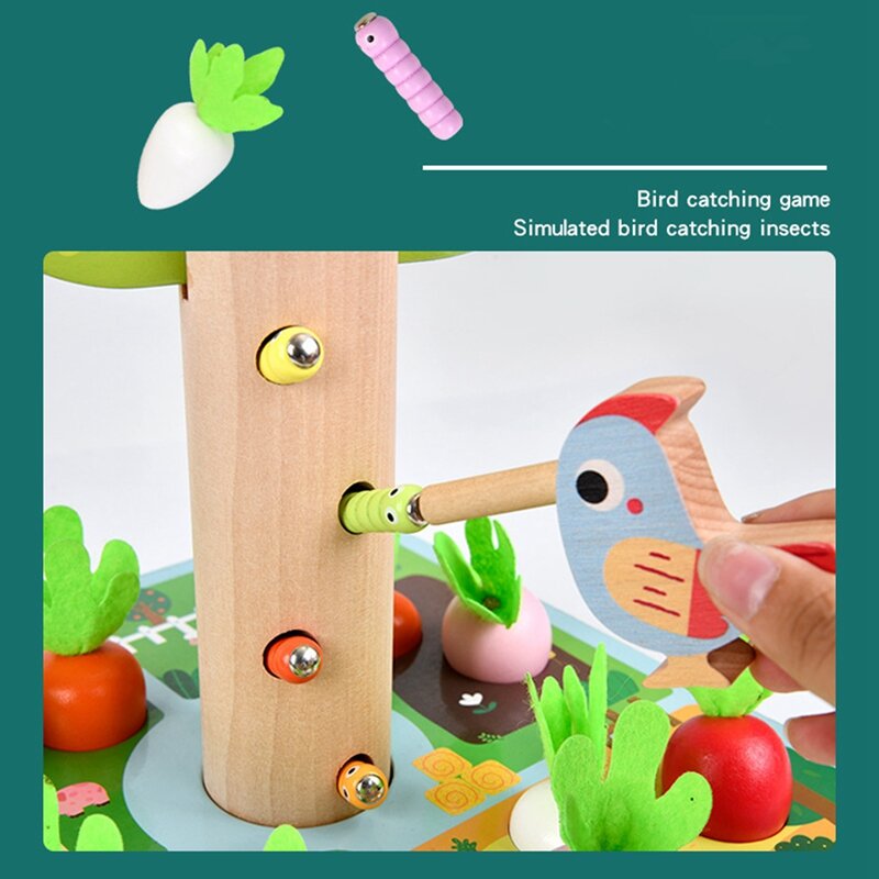 Woodpecker Magnetic Insect Catching Parent Child Interaction Brinquedo de madeira, 3 em 1 Rabanete Puxando