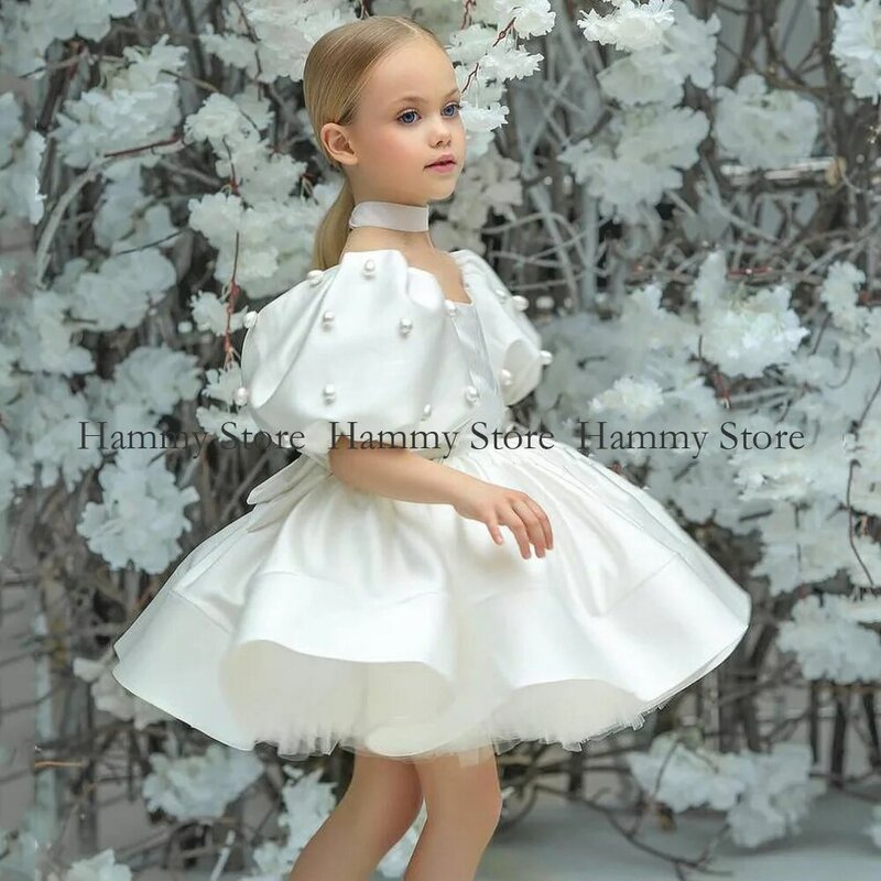 2022 dziewczęca sukienka w kwiaty z wycięciem Puff Girls sukienek na ślub z krótkimi rękawami satynowa sukienka świąteczna dla dzieci