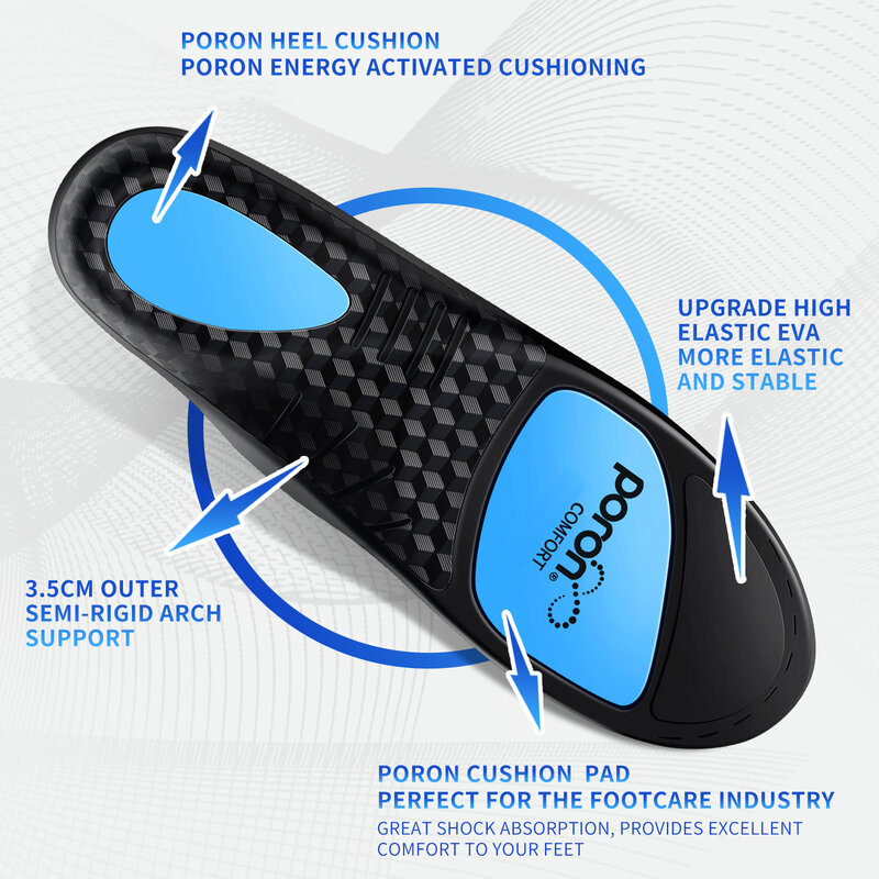 Plantar Fasciitis Insoles for Women Men, High Arch Support Insoles, Strong Poron Orthotic Shoe Inserts, Relieve Flat Feet.