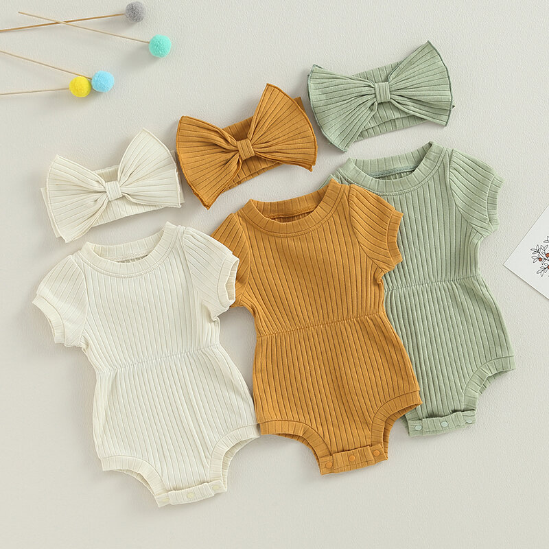 Pakaian bayi perempuan baru lahir, baju monyet lengan pendek rajut pita warna polos dengan ikat kepala dan musim panas untuk bayi perempuan