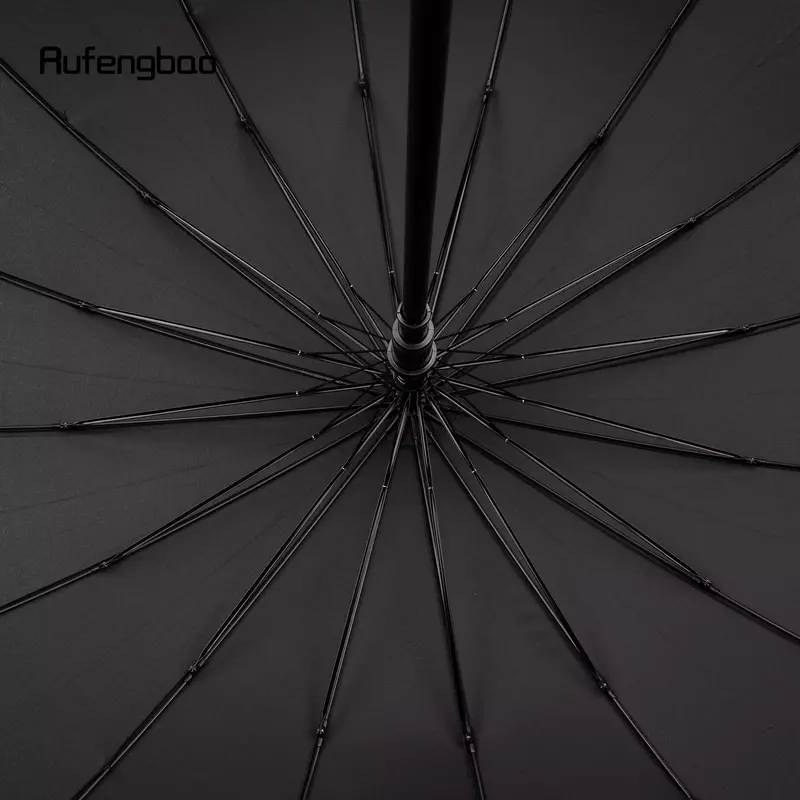 Black Automatic Windproof Cane Umbrella, Long Handle Enlarged Umbrella for Both Sunny and Rainy Days Walking Stick Crosier 86cm