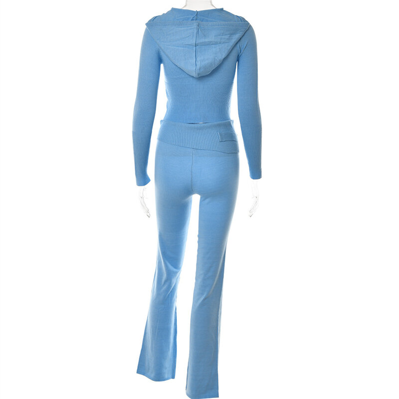 Однотонный вязаный комплект из 2 предметов, женский спортивный костюм, свитер на молнии с длинным рукавом и капюшоном, куртка, укороченный топ, расклешенные брюки, эластичный подходящий костюм