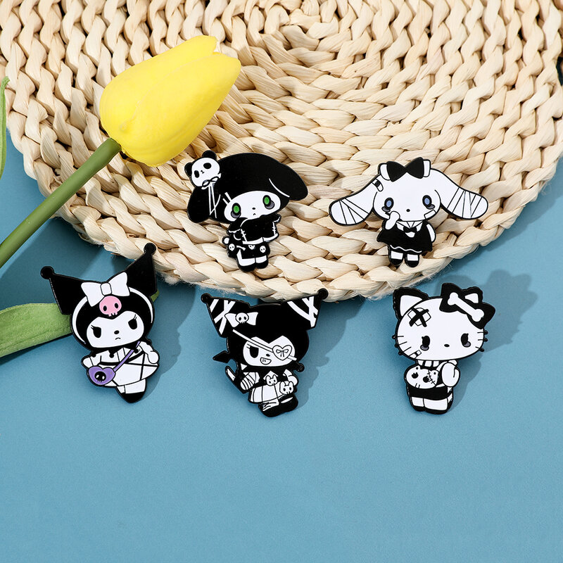 Dark Style Sanrio Enamel Pins Hello Kitty Kuromi Melody Cinnamoroll Brooches for Halloween Gifts Fashion Accessories