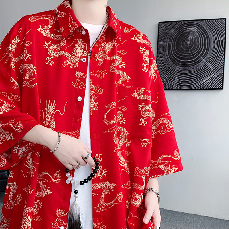 White Short Sleeve Shirt Men's Chinese Style Loose Shirts Chinese Characters and Chinese Divine Dragon Pattern Printed Camisa