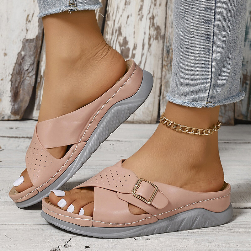 Retro Pu Leather Wedge Slippers Women 2024 Summer Thick Bottom Platform Roman Sandals Woman Plus Size 43 Light Beach Slides