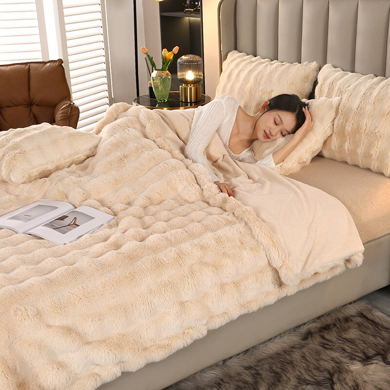 Cobertor universal de soneca de quatro níveis, bolha Teddy, Material De Pele De Coelho