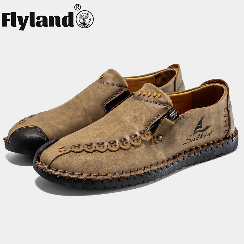 FLYLAND-zapatos originales de cuero para hombre, zapatillas de cuero informales, cómodas, transpirables, para exteriores, para conducir