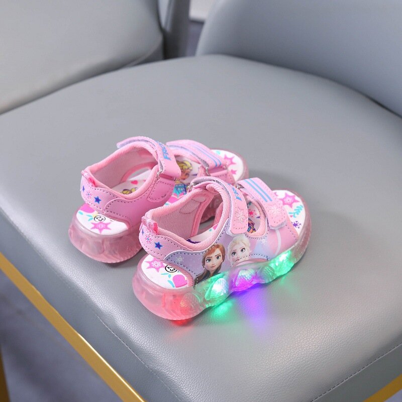 Disney sandalias deportivas luminosas para niños y niñas, zapatos antideslizantes con luz Led de princesa Elsa de Frozen, talla 21-3