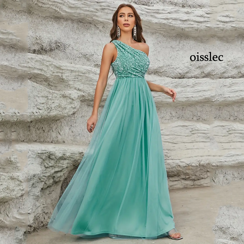 Oisstec gaun Prom, satu bahu gaun malam payet gaun koktail dada Mini lipat gaun pesta ulang tahun ritsleting disesuaikan