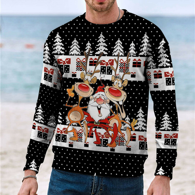 Camiseta con estampado de dibujos animados de Papá Noel para hombre, Camisa de algodón de imitación de Navidad, sudadera femenina, jersey de manga larga para hombre