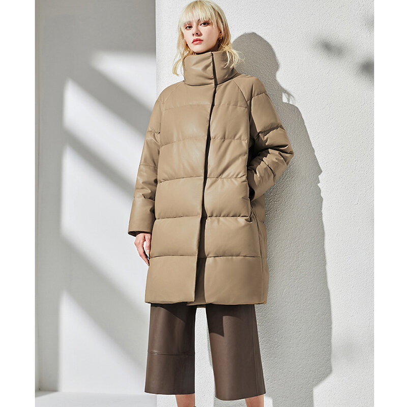 Julypalette 2023 mantel kulit asli musim dingin 90% mantel bulu angsa putih mode kerah berdiri longgar panjang setengah pakaian luar kulit domba
