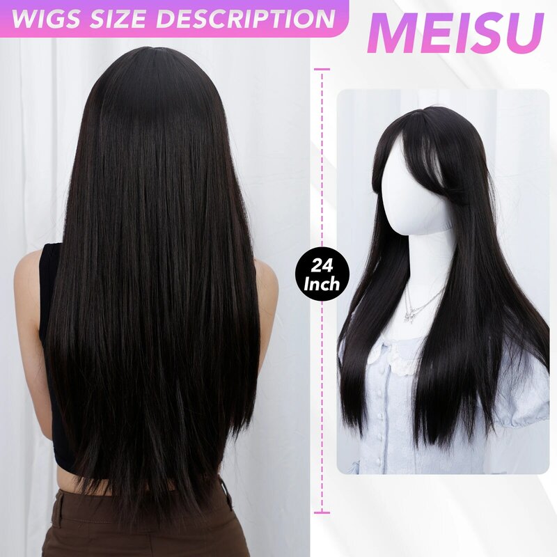 MEISU 여성용 스트레이트 블랙 앞머리 가발, 24 인치 섬유 합성 가발, 내열성 내추럴 파티 또는 셀카 일상 사용
