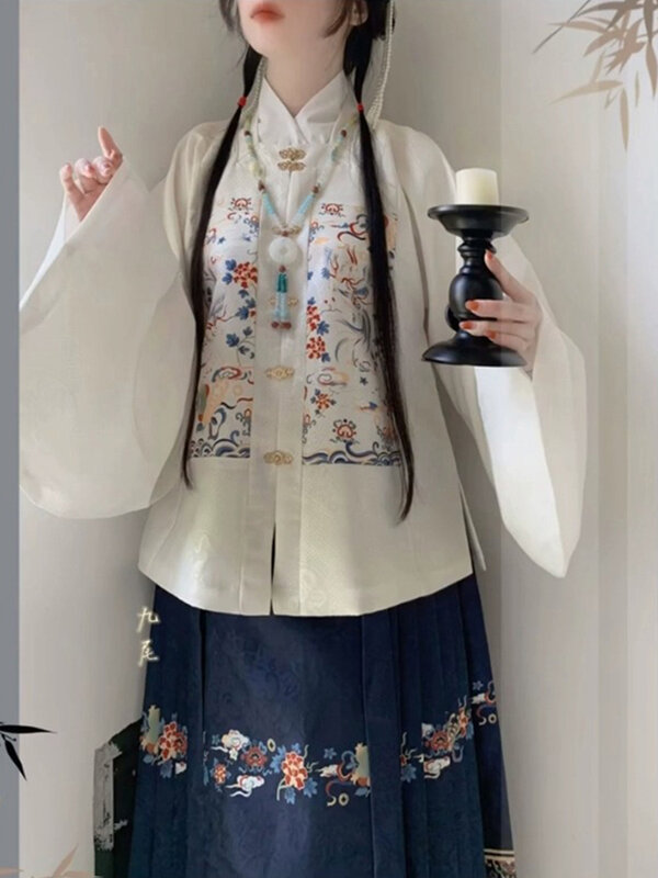 Ming Style Hanfu Women's Jacquard Square Collar Patchwork Short Jacket Han Dress Suit Large Sleeves Horse Face Skirt Cos Hanfu