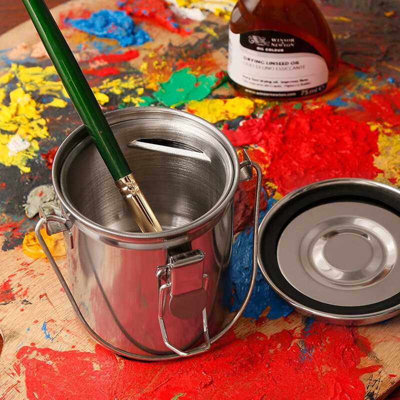 Limpiador de pinceles de pintura portátil para artistas, limpiador de pinceles de pintura a prueba de fugas de acero inoxidable con tapa y pantalla de filtro extraíble, pequeño