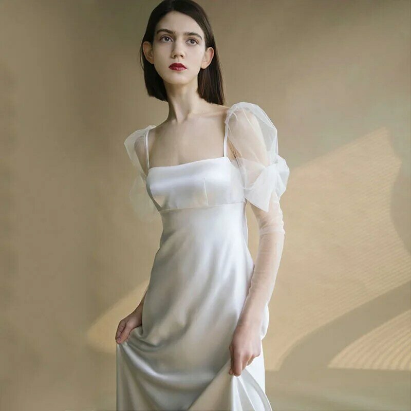Женское свадебное платье с квадратным вырезом, простое ТРАПЕЦИЕВИДНОЕ ПЛАТЬЕ до пола со шлейфом и молнией