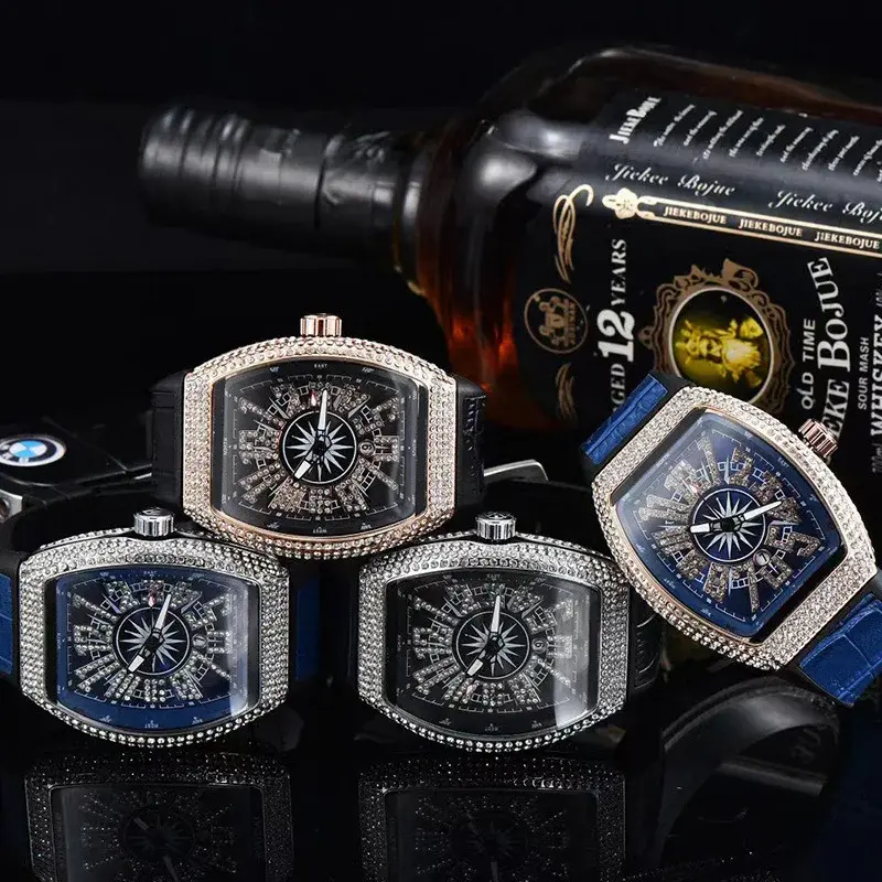 Hete Verkoop Mannen Mode Luxe Horloge Diamant Iced Out Waterdicht Quartz Polshorloge Blauwe Siliconen Band Party Casual Jurk Horloges
