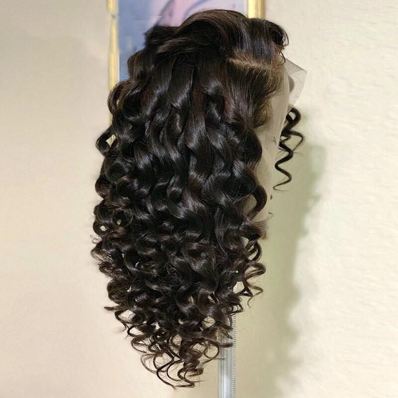 Wig renda depan untuk wanita, rambut palsu tebal 26 inci panjang lembut 180 tanpa lem hitam ikal keriting tahan panas harian