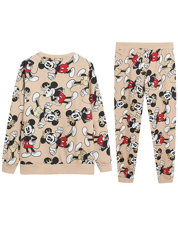 Disney-Mulheres Mickey Mouse brilhante moletom de lã estampado nos desenhos animados, jumper manga comprida com gola O, tops, calças, calças, moda, 1 conjunto