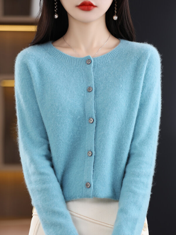New Fashion Spring 100% Merino Wool Womens O-neck Cardigan Cashmere Sweater 2024 Female Clothing Grace Knitwear Korean Tops