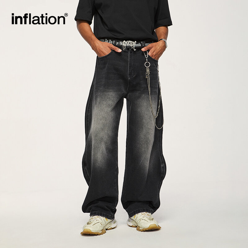 INFLATION Brand Baggy Wide Leg Boyfriend Jeans Unisex Vintage Washed Blue Denim Trousers Male Pants Plus Size