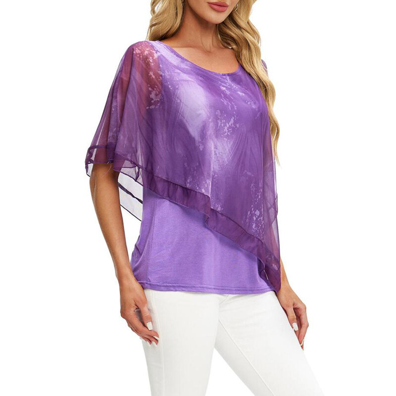 Women's Casual Sexy Double Layed Summer Chiffon Blouse Poncho Sheer 3/4 Sleeve Floral Print Tunic Top