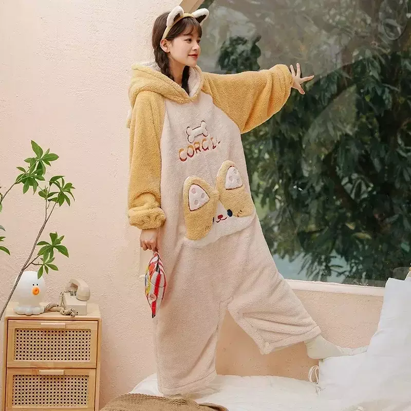 Ropa de dormir con patrón de Kigurumis para mujer, mono de invierno, Pijama de Corgi para mujer, Pijama coreano grueso de dibujos animados, suelto
