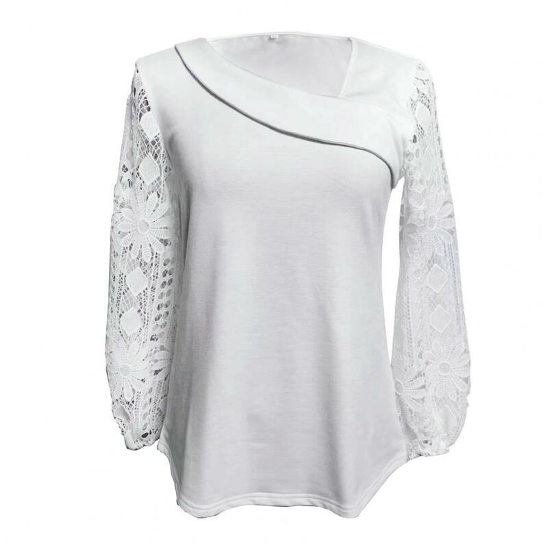Lace Decoration Top Women's Skew Collar Lace Patchwork Shirt Hollow Out Lantern Sleeve Top for Spring Autumn Casual Wear Spring
