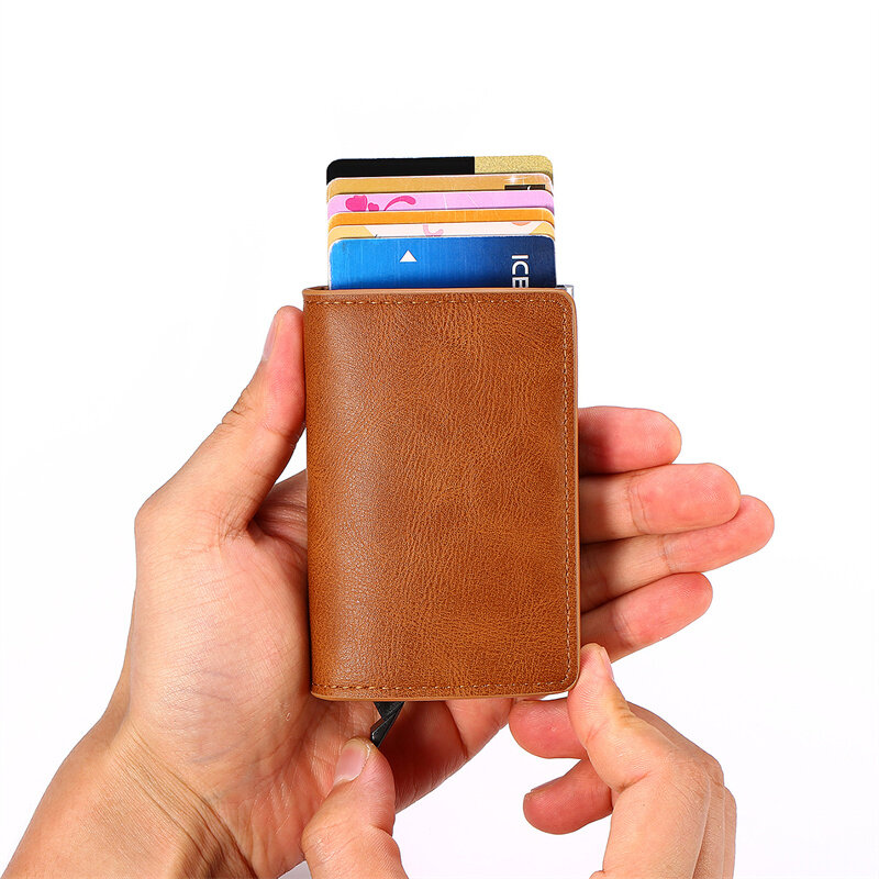 Męskie etui na karty kredytowe ze stopu aluminium z automatem na wiele kart do otwierania pudełko na wizytówki skórzanych portfel na karty antymagnetycznych