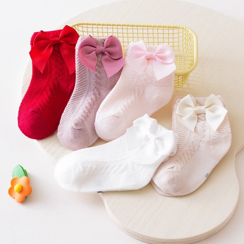 Calcetines tobilleros de algodón para bebé y niña, medias suaves y finas de Color sólido con lazos, para verano, para recién nacidos, interiores y exteriores