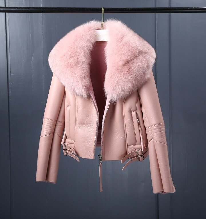 Pele coreano gola real raposa ovelhas shearling casaco de pele inverno feminino casaco de couro genuíno jaqueta de pele de cordeiro roupas de luxo