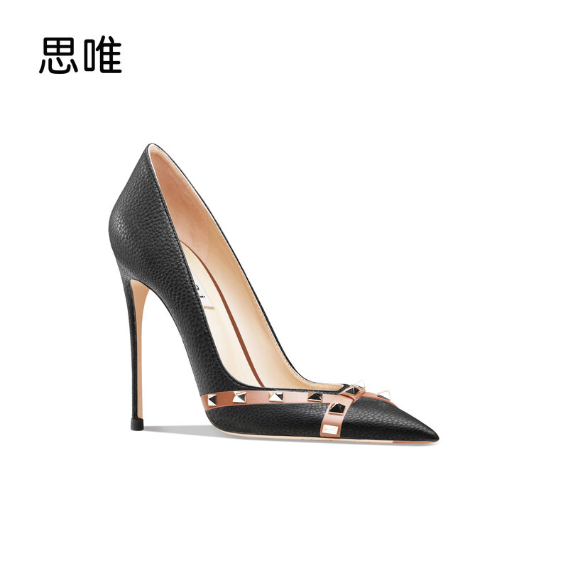 Zapatos de tacón fino puntiagudos para mujer, calzado de cuero genuino con remaches, Sexy, clásico, elegante, 8-10cm