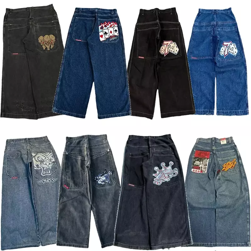 Джинсы-багги JNCO Y2K для мужчин и женщин, винтажные Готические джинсы с вышивкой в стиле Харадзюку, уличная одежда в стиле хип-хоп, повседневные широкие