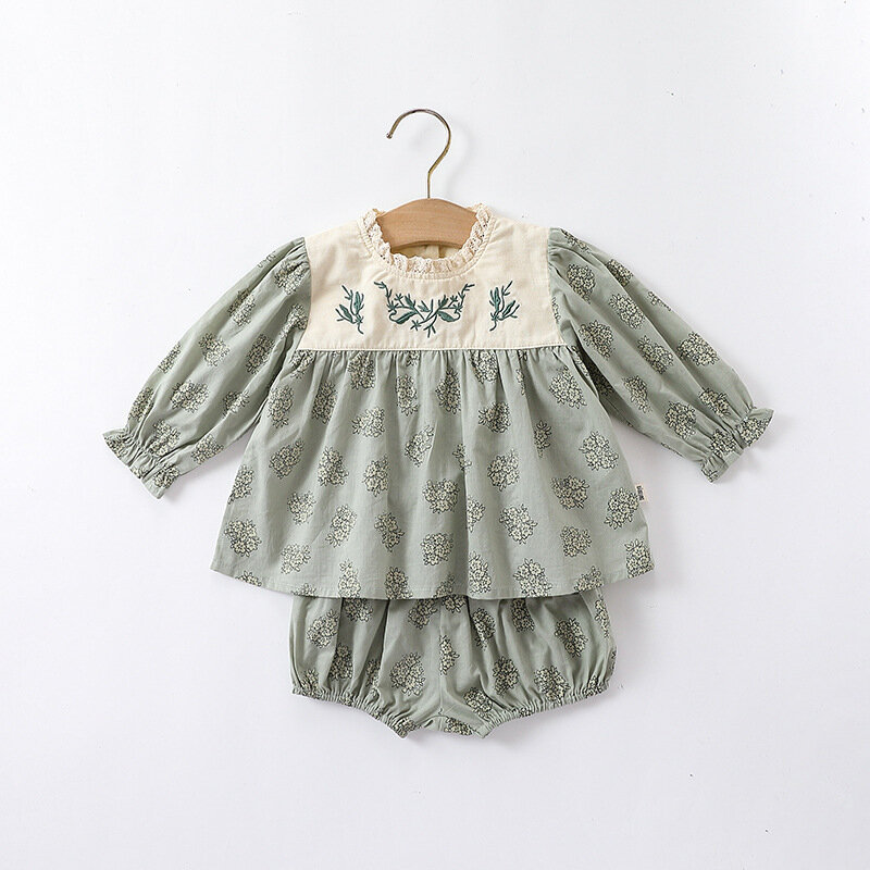 Jenny & Dave pakaian bayi jumpsuit lengan panjang motif bunga kecil pakaian musim gugur tas bordir kerah renda renda bayi perempuan bayi
