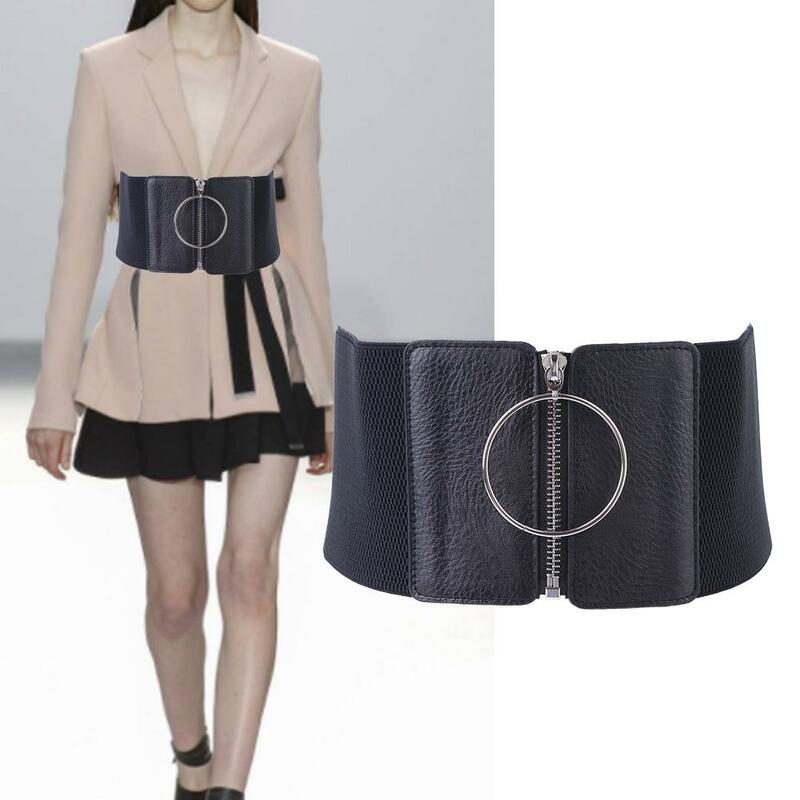 Style High Waist Dress Waist Strap Slimming Body PU Leather Cummerbunds Female Waistband Zipper Elastic Belt Wide Waist Belt