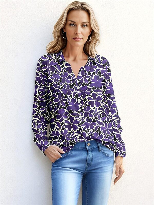 Women's Shirt Blouse Floral Casual Pink Blue Purple Button Print Long Sleeve Fashion Streetwear Shirt Spring & Fall blouses