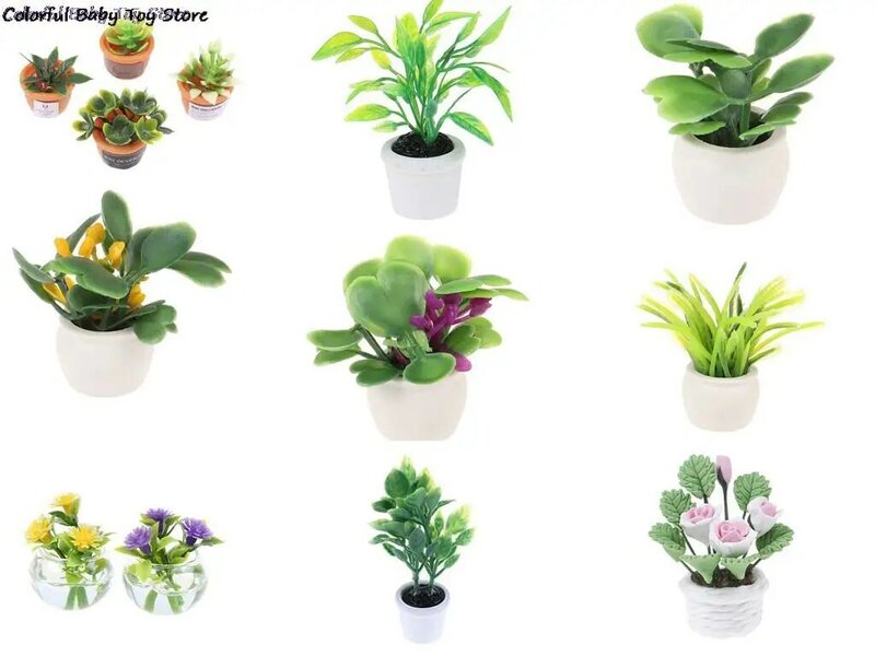 Mini plantas redondas de plástico, casa de muñecas en miniatura, planta verde en maceta, decoración de muebles, 1:12