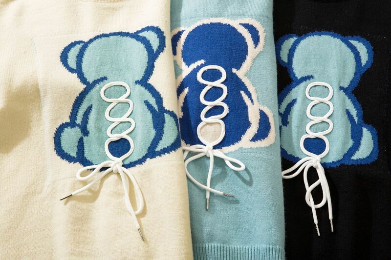 Мужской вязаный свитер в японском стиле Харадзюку, винтажные Повседневные пуловеры с мультяшным медведем, свободные джемперы с круглым вырезом для пар, зимняя уличная одежда