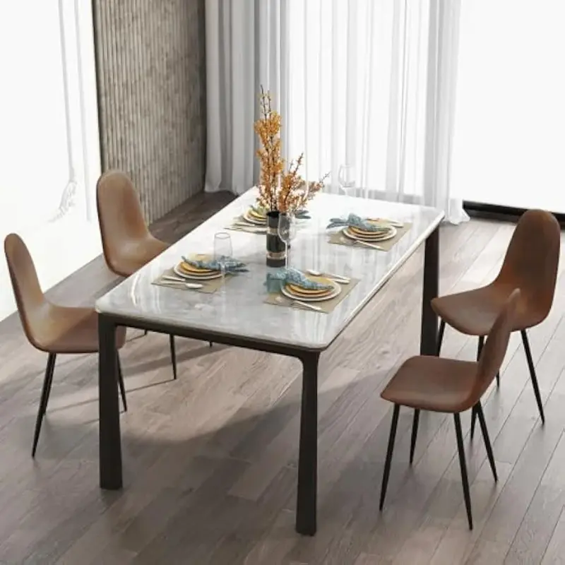Dining Tables Set Chair Sets of 4 with PU Upholstered Cushion Mid Century Faux Armless Leather Dinings Room Seats, Brown