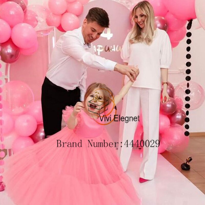 핑크 스쿱 플라워 걸 드레스, 부드러운 얇은 명주 그물 장식, 민소매 웨딩 파티 드레스, 지퍼 백 크리스마스 가운, 2024 여름 신상